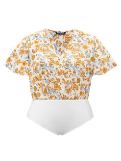 Plants Print Patchwork Surplice Neck Bodysuit -Bloomchic Shop 563710850 ol