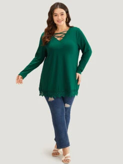 Solid Lace Panel Crisscross V Neck T-shirt -Bloomchic Shop 56463567 pg d01c83de 75d3 449b 9fa6 e8774c812ce4