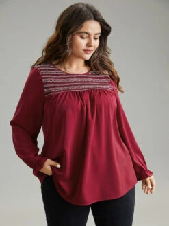 Contrast Trim Plicated Detail Flutter Sleeve Blouse -Bloomchic Shop 565438695 ra