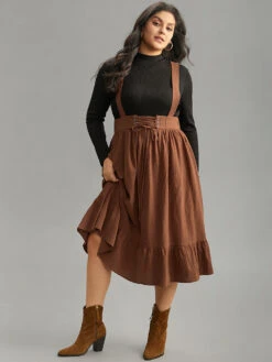 Plain Adjustable Straps Lace Up Ruffle Hem Dress -Bloomchic Shop 565734945 hx