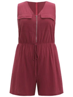 Plain V Neck Pocket Zipper Drawstring Sleeveless Jumpsuit -Bloomchic Shop 567095493 uq