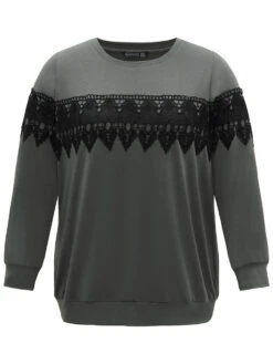 Plain Round Neck Patchwork Lace Panel Sweatshirt -Bloomchic Shop 567105888 hp