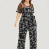 Floral Mesh Patchwork Crew Neck Pocket Belted Jumpsuit -Bloomchic Shop 567213721 wi