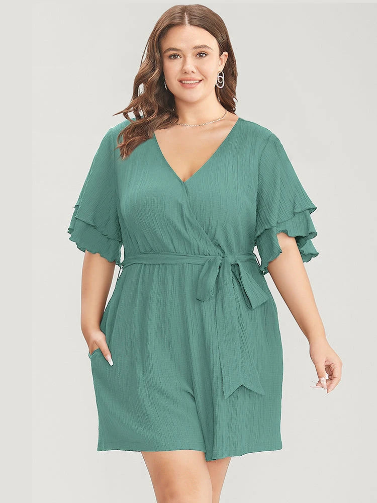 Plain Surplice Neck Ruffle Sleeve Pocket Belted Romper 13 Plain Surplice Neck Ruffle Sleeve Pocket Belted Romper - Image 11