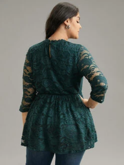 Lace Patchwork Mesh Elastic Waist T-shirt -Bloomchic Shop 569916755 cc