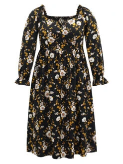 Floral Print Notched Frill Trim Gathered Shirred Dress -Bloomchic Shop 570363371 kk