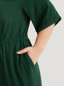 Plain Textured V Neck Pocket Button Through Drawstring Jumpsuit -Bloomchic Shop 570725864 lp