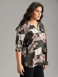 Floral Colorblock Contrast Tab Sleeve Blouse -Bloomchic Shop 57080792 dt