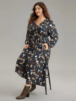 Floral Print Notched Belted Lantern Sleeve Dress -Bloomchic Shop 57257513 xt