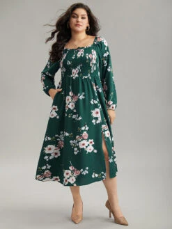 Floral Print Split Hem Pocket Shirred Dress -Bloomchic Shop 572858965 ve