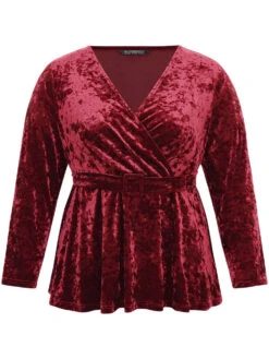 Velvet Overlap Collar Elastic Waist Buckle Detail Blouse -Bloomchic Shop 573031395 dz