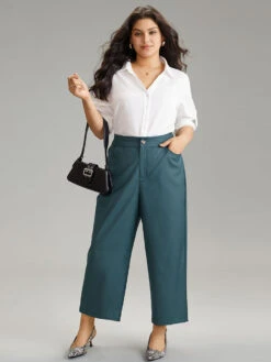 Elastic Waist Solid Pocket Straight Leg Pants -Bloomchic Shop 573250352 ql