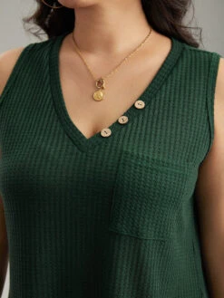 Waffle Knit V Neck Button Detail Cami Top -Bloomchic Shop 573372888 wh