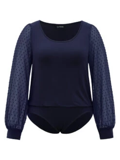 Plain Mesh Patchwork Lantern Sleeve Crew Neck Bodysuit -Bloomchic Shop 573599994 aq