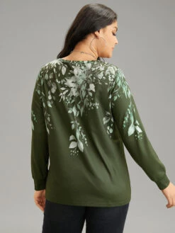 Plants Print V Neck Elastic Cuffs Sweatshirt -Bloomchic Shop 574041953 gj