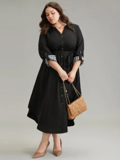 Gingham Notched Belted Curved Hem Tab Sleeve Dress -Bloomchic Shop 575097098 me