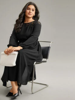 Lace Panel Patchwork Lantern Sleeve Dress -Bloomchic Shop 576140509 fk