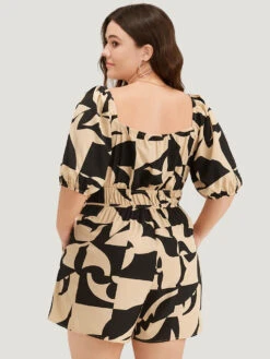 Geometric Shirred Pocket Elastic Waist Puff Sleeve Jumpsuit -Bloomchic Shop 576351347 ol 5f59ae20 645f 4161 997e 424d3c6255df