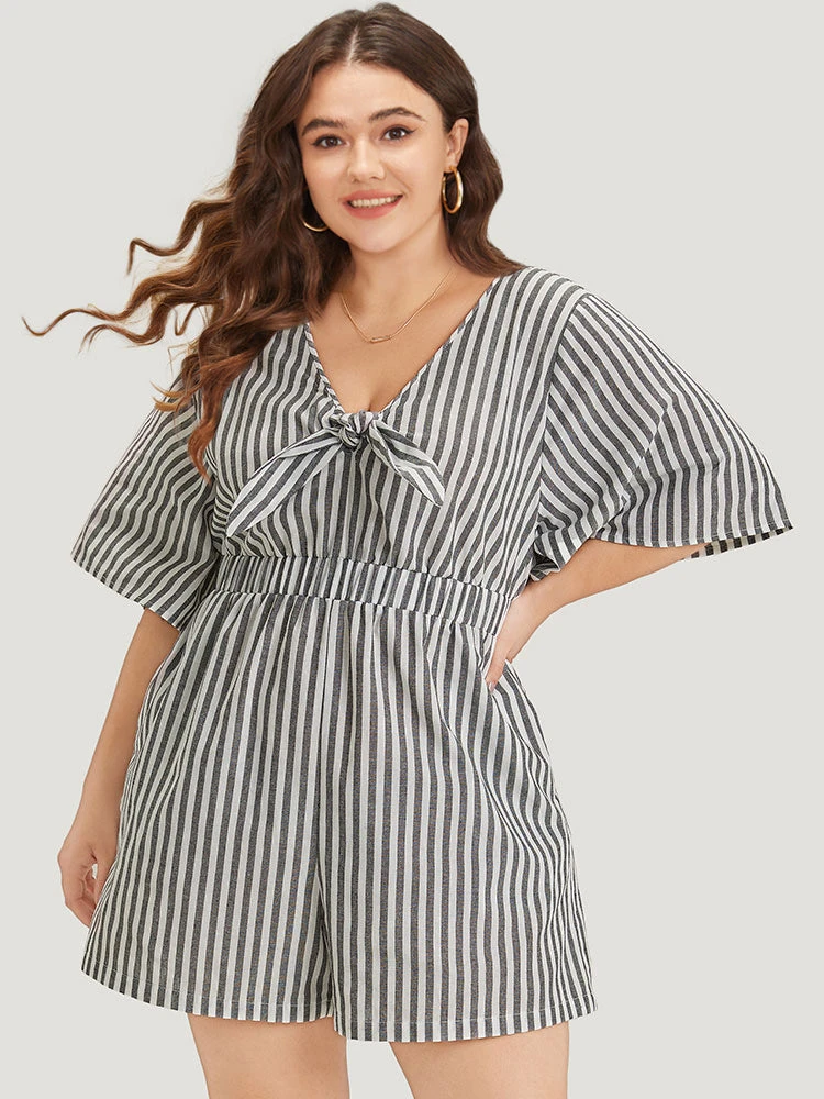 Striped Print Pocket Knot Flutter Sleeve Jumpsuit 3 Striped Print Pocket Knot Flutter Sleeve Jumpsuit