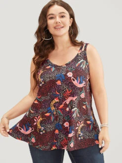 Cat & Plant Print Sleeveless Cut Out Cami Top