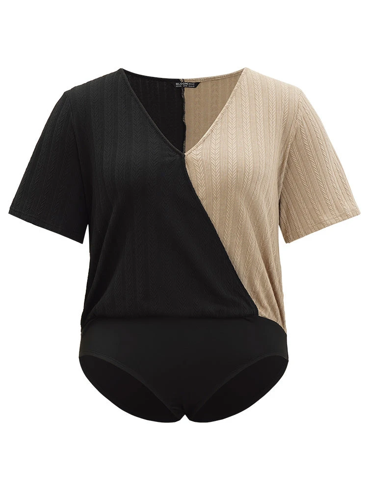 Plain Textured Colorblock Contrast Patchwork Bodysuit 8 Plain Textured Colorblock Contrast Patchwork Bodysuit - Image 6