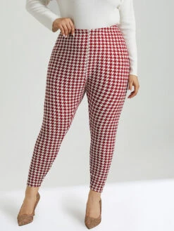 Christmas Houndstooth Elastic Waist High Rise Leggings -Bloomchic Shop 579824643 ha