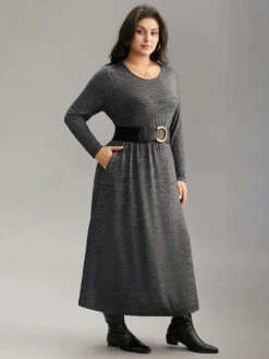 Plain Heather Metal Buckle Detail Dress With Belt -Bloomchic Shop 580305663 ui
