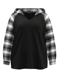 Plaid Print Hooded Patchwork Sweatshirt -Bloomchic Shop 580495756 ir