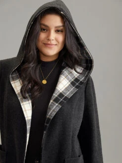 Plaid Hooded Belted Bowknot Tunic Coat -Bloomchic Shop 581196662 og