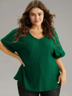 Plain Texture V Neck Roll Dolman Sleeve T-shirt