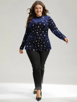 Star Glitter Mock Neck T-shirt -Bloomchic Shop 581501751 wh