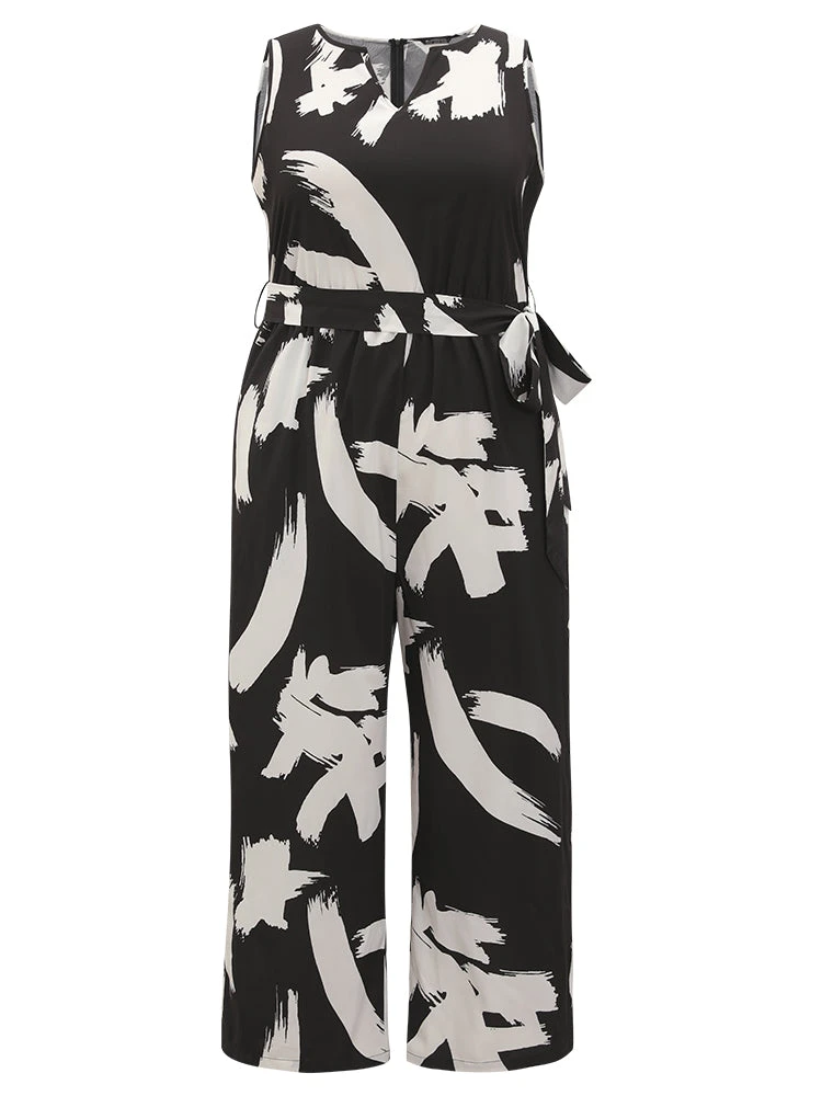 Brush Print Notched Pocket Sleeveless Belted Jumpsuit 9 Brush Print Notched Pocket Sleeveless Belted Jumpsuit - Image 7