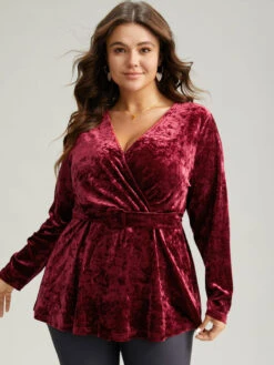 Velvet Overlap Collar Elastic Waist Buckle Detail Blouse -Bloomchic Shop 581855695 bt