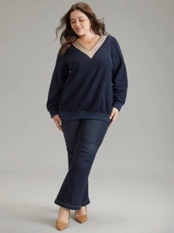 Patchwork Lace Panel V Neck Waffle Knit Sweatshirt -Bloomchic Shop 581879167 ts