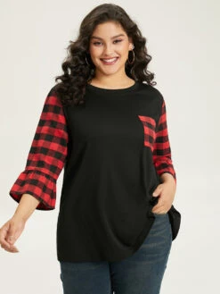 Plaid Patched Pocket Patchwork Contrast Bell Sleeve T-shirt 20 Plaid Patched Pocket Patchwork Contrast Bell Sleeve T-shirt -Bloomchic Shop 582785101 xm
