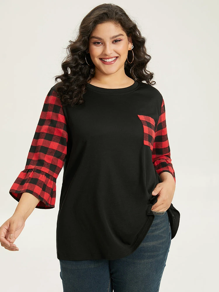 Plaid Patched Pocket Patchwork Contrast Bell Sleeve T-shirt 6 Plaid Patched Pocket Patchwork Contrast Bell Sleeve T-shirt - Image 4