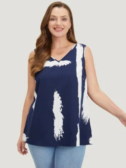 Brush Print V Neck Tank Top -Bloomchic Shop 583974541 om