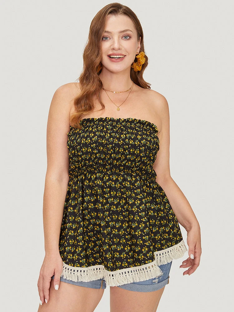 Ditsy Floral Frill Trim Tassels Hem Shirred Off Shoulder Blouse 12 Ditsy Floral Frill Trim Tassels Hem Shirred Off Shoulder Blouse - Image 10