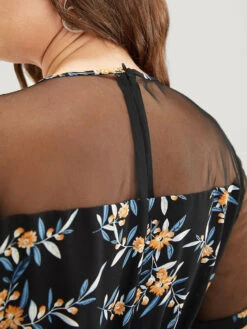 Floral Mesh Patchwork Crew Neck Pocket Belted Jumpsuit -Bloomchic Shop 58444867 bh