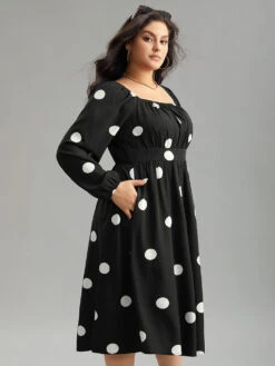 Polka Dot Square Neck Gathered Elastic Cuffs Dress -Bloomchic Shop 584463541 ft
