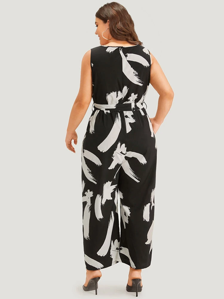 Brush Print Notched Pocket Sleeveless Belted Jumpsuit 4 Brush Print Notched Pocket Sleeveless Belted Jumpsuit - Image 2