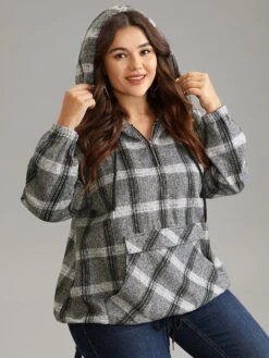 Plaid Half Zip Pocket Hooded Sweatshirt -Bloomchic Shop 586532840 qa