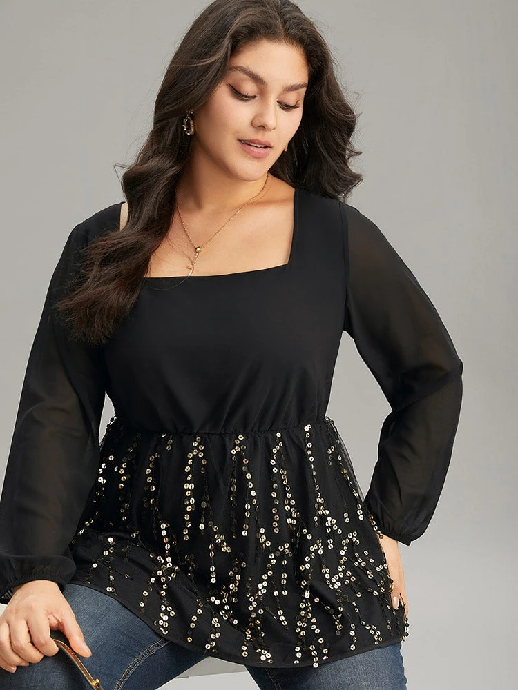 Sequin Mesh Patchwork Square Neck Blouse 4 Sequin Mesh Patchwork Square Neck Blouse - Image 2