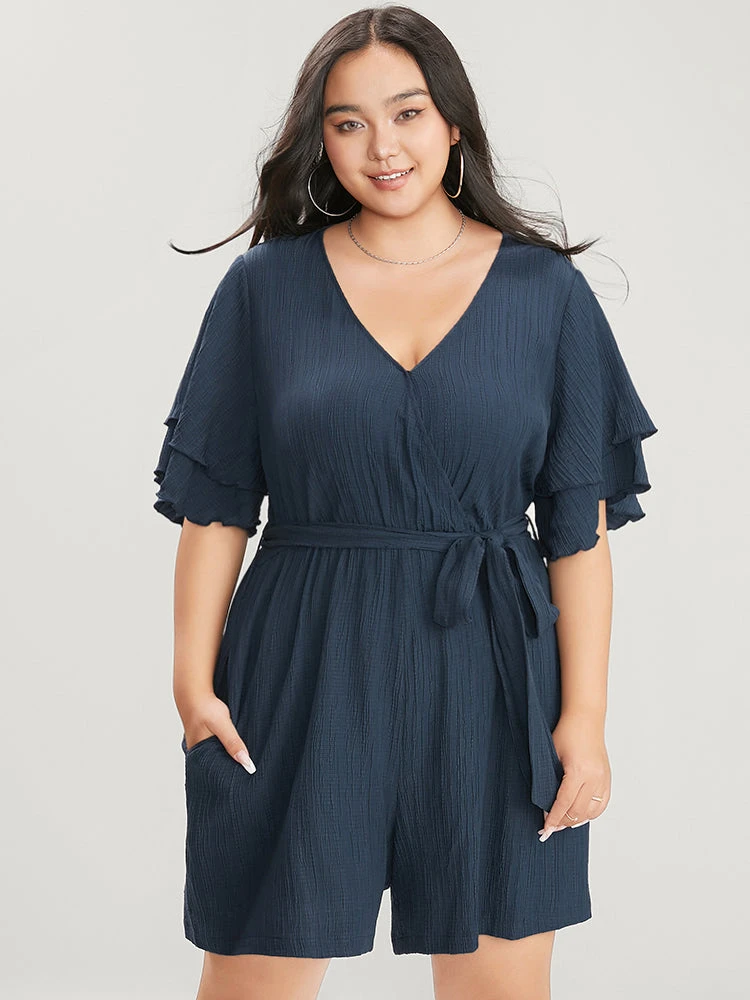 Plain Surplice Neck Ruffle Sleeve Pocket Belted Romper 5 Plain Surplice Neck Ruffle Sleeve Pocket Belted Romper - Image 3
