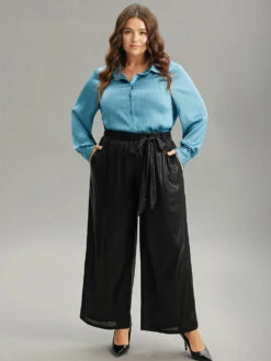 Plain Texture Belted High Rise Wide Leg Pants -Bloomchic Shop 590699602 ny