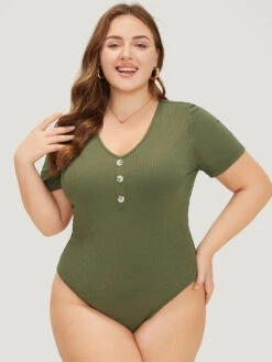 Solid Rib Knit Button Detail Bodysuit -Bloomchic Shop 591014475 tq