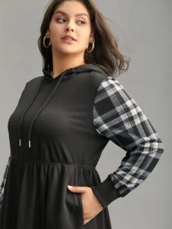 Plaid Patchwork Drawstring Pocket Hooded Dress -Bloomchic Shop 591508124 hk