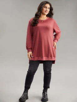 Solid Rib Knit Hem High Low Hem Sweatshirt -Bloomchic Shop 591792845 ea