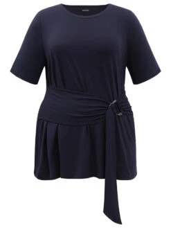 Crew Neck Buckle Detail Ruffle Hem T-shirt -Bloomchic Shop 593279217 ff