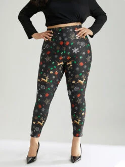 Christmas Print Elastic Waist Leggings -Bloomchic Shop 593322391 ks